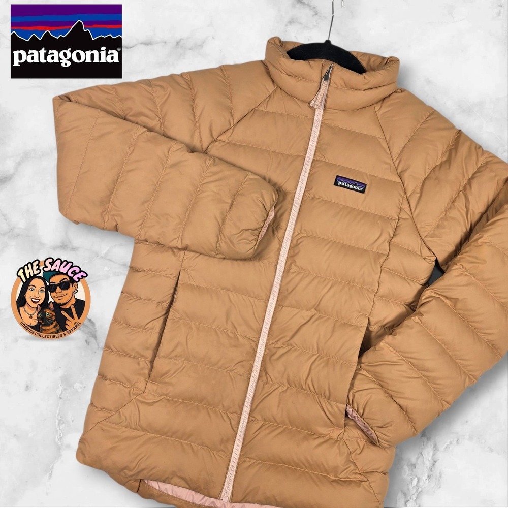 Patagonia Down 600 Fill Jacket Kids XL Tan Pink Puffer Hoodless Full Zip Warm